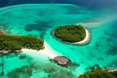 A stunning aerial view of a tropical island with turquoise waters, white sandy beaches, and vibrant coral reefs