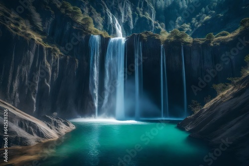 A surreal scene of an inverted waterfall flowing from the sky into an abyss