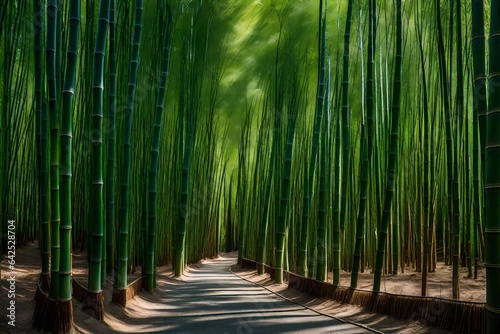 A tranquil bamboo grove with tall bamboo shoots swaying in the breeze
