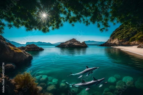 A tranquil bay with transparent water and a pod of dolphins playing