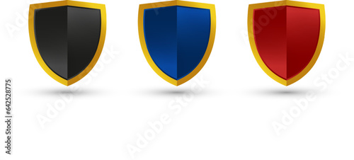 Vector blue shield, black shield, and red shield with gold metalic frame. Black and Gold shield. Blue and Gold Shield. Red and Gold shield. Vector shield protection with gold frame logo design.