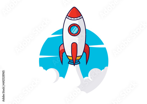 Rocket ship launch - Vector illustration of spaceship launching upwards on blue oval ellipse element. Flat design with white background