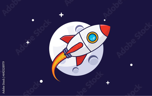 Rocket ship in space - Vector illustration of spaceship flying in front of moon in flat design outline cartoon style