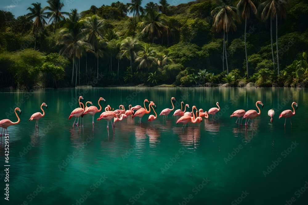 A tranquil lagoon with transparent water and a flock of flamingos feeding