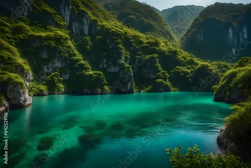 A tranquil lagoon surrounded by limestone cliffs and lush vegetation
