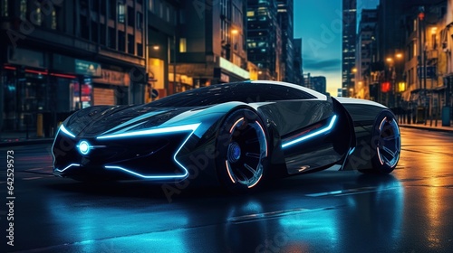 The futuristic car at night in the middle of the street, a futuristic background. Created using generative artificial intelligence technology. © Aleksandr