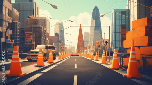 Road under construction cityscape street view with hole in asphalt pavement fenced with traffic cones and warning sign. vector image © Matthew