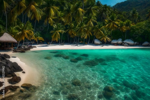 A tropical beach with transparent water and colorful fish near the shore