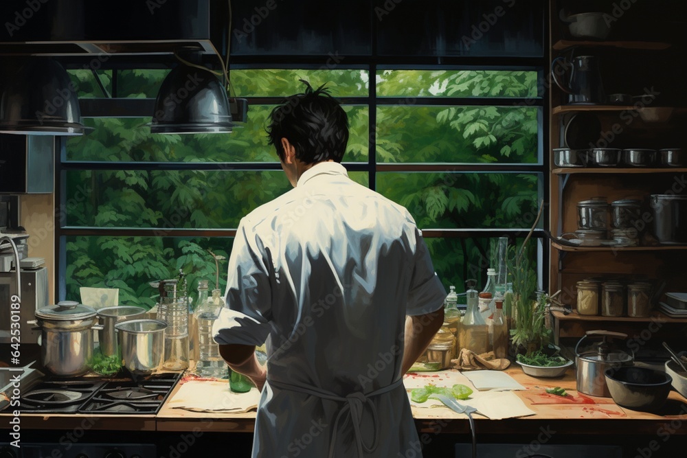 Fototapeta premium Man's back in a Kitchen Working