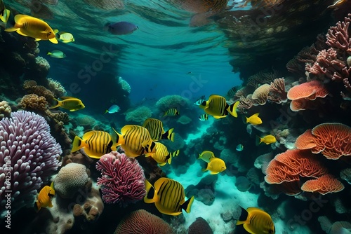 A vibrant coral reef with diverse marine life and colorful corals © Muhammad