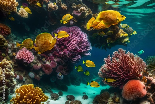 A vibrant coral reef with diverse marine life and colorful corals