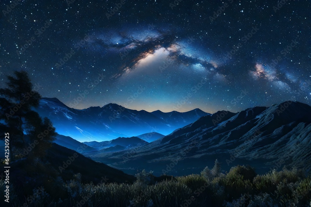 An artistic rendition of a starry night sky over a mountainous landscape
