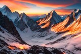 An artistic representation of a breathtaking sunset over a vast expanse of mountain peaks