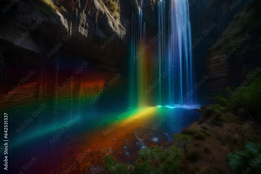 An artistic representation of a magical rainbow waterfall in a hidden canyon