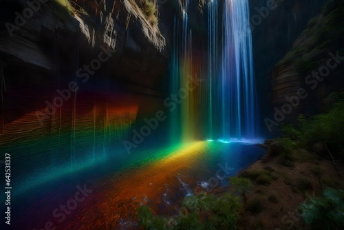 An artistic representation of a magical rainbow waterfall in a hidden canyon