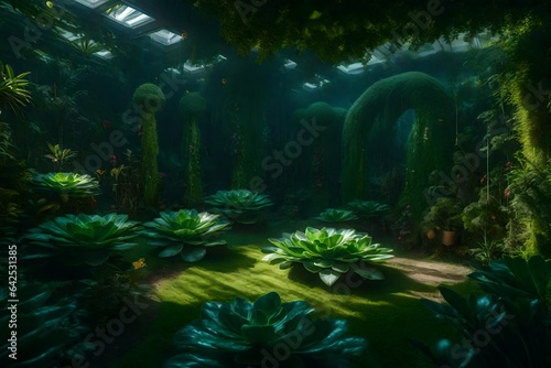 An artistic representation of a secret garden where plants grow in the shape of mythical creatures