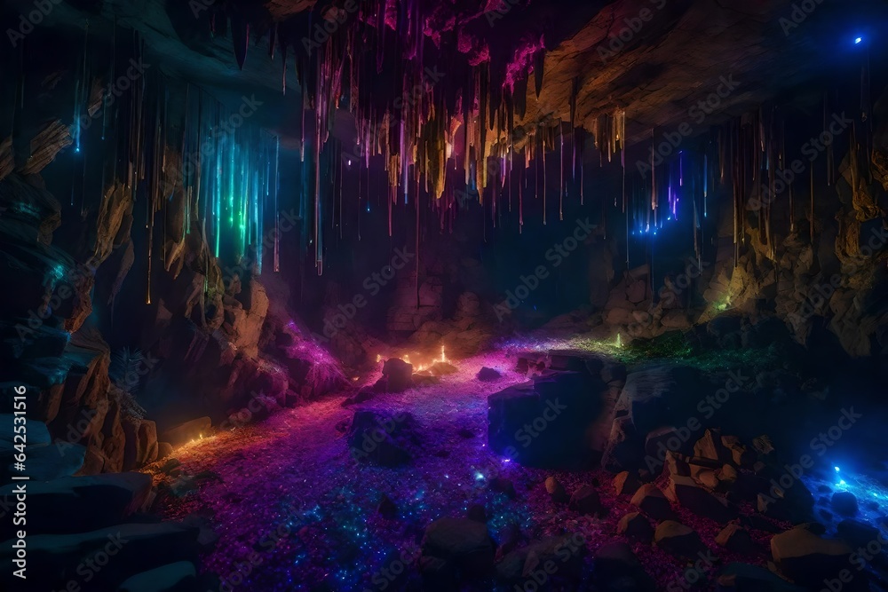 An enchanted cave with glowing crystals that play hauntingly beautiful music