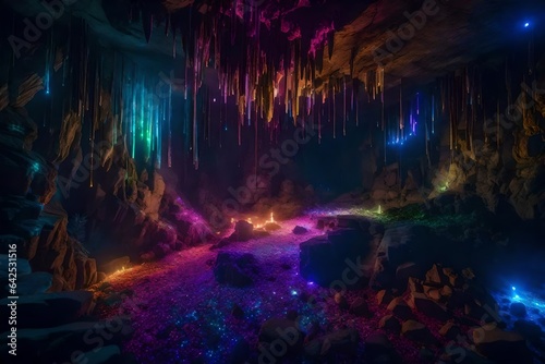 An enchanted cave with glowing crystals that play hauntingly beautiful music