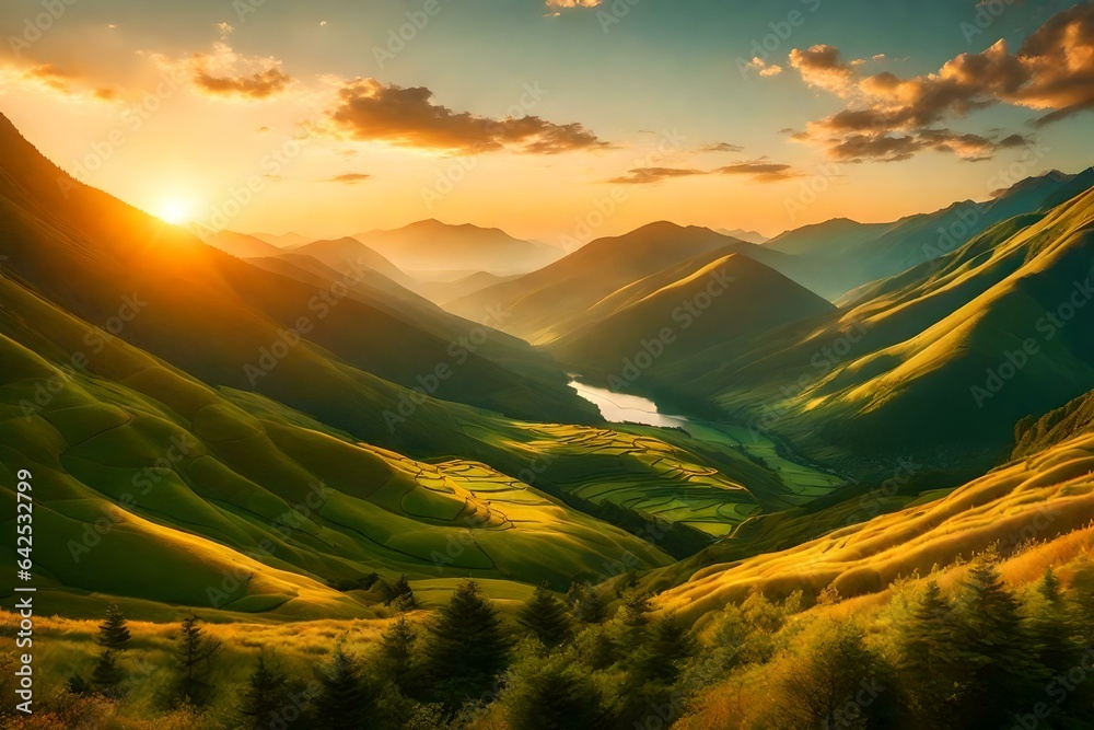 Artwork of a serene mountain range, with lush green valleys and meandering rivers - obrazy, fototapety, plakaty 