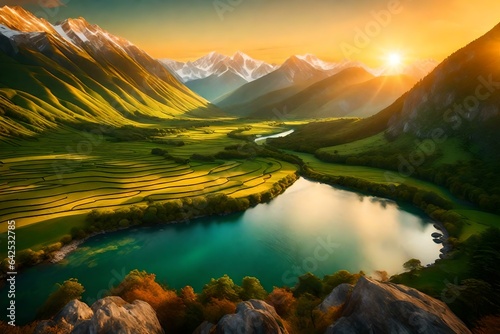 Artwork of a serene mountain range  with lush green valleys and meandering rivers