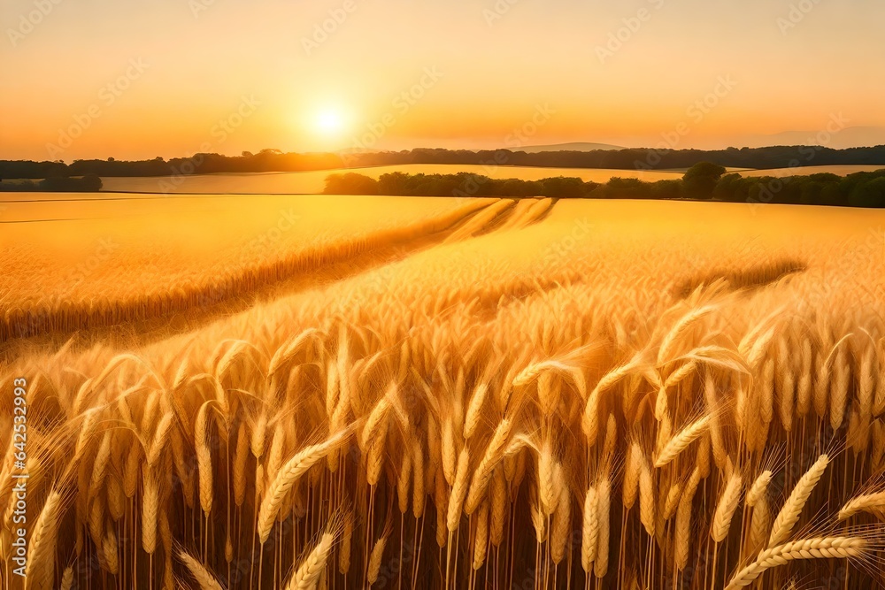 Awheat field at sunset, with a golden glow enveloping the landscape