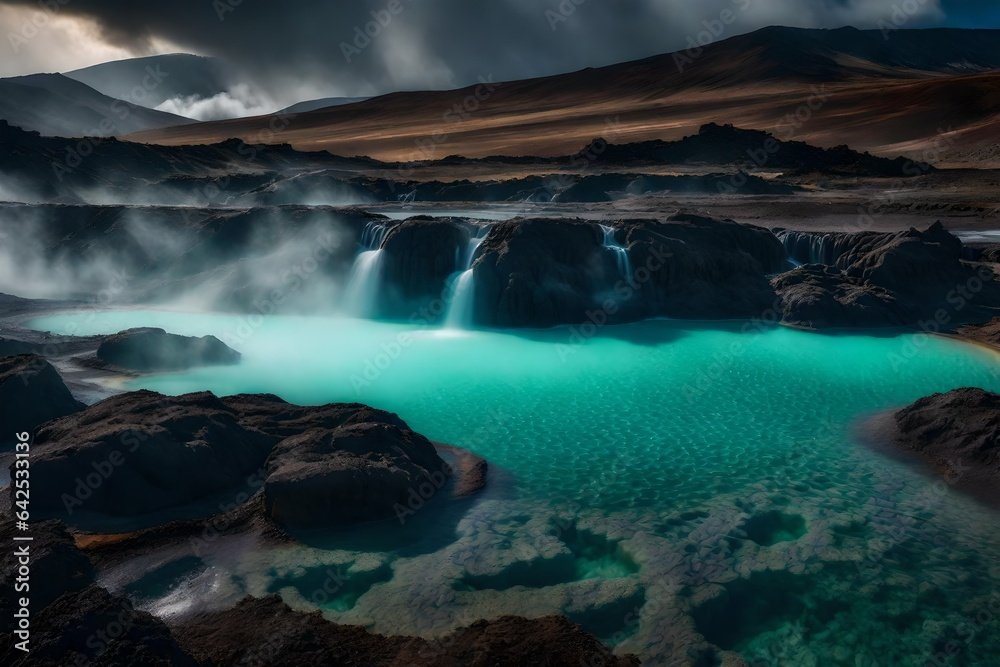Bubbling  springs surrounded by steaming geothermal pools