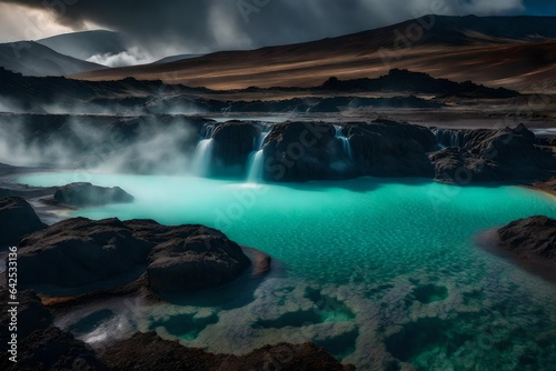 Bubbling springs surrounded by steaming geothermal pools