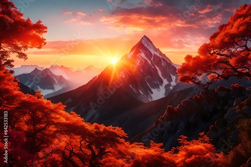 Capturing the breathtaking beauty of a stunning sunrise over a majestic mountain peak. The sky is painted in vivid hues of orange and pink