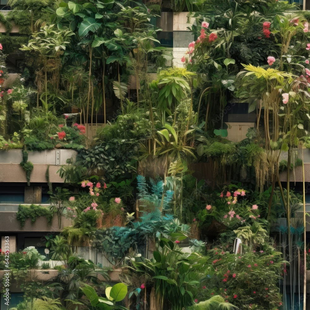 The building is overgrown with plants