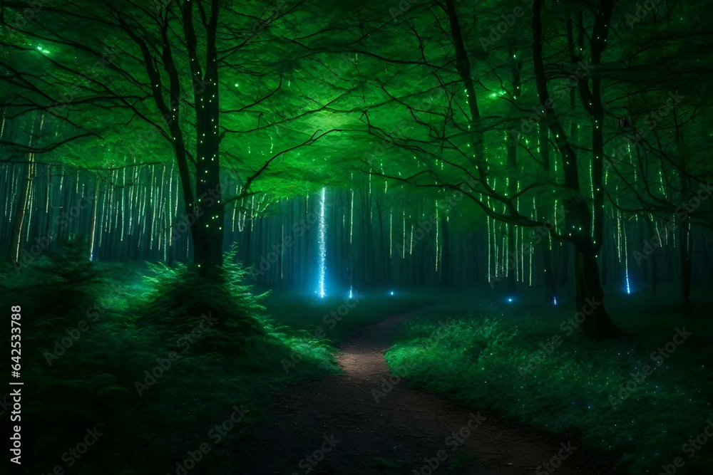 Picture a magical lightning forest, where luminous lightning bugs form
