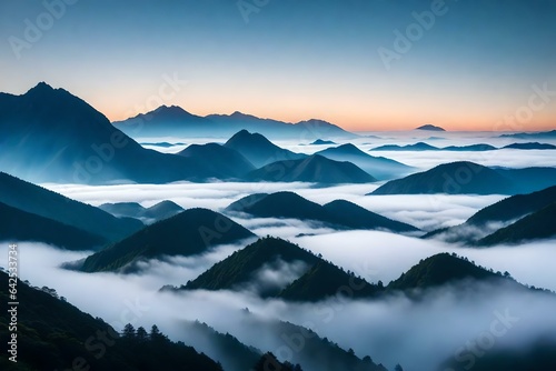 Mist-covered mountains at dawn. The soft, ethereal fog blankets the peaks, evoking a sense of mystery and tranquility in the mountainous terrain