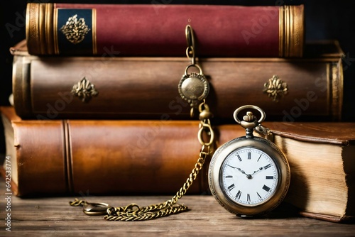 Vintage pocket watch on wooden surface against old books ((copy space)) 