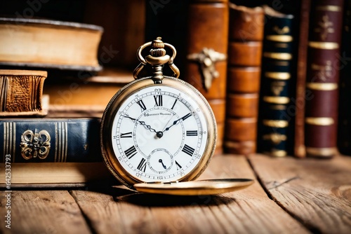 Vintage pocket watch on wooden surface against old books ((copy space)) 