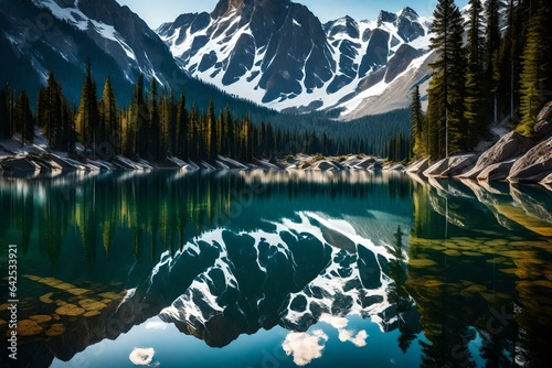 Rocky mountains reflected perfectly in the calm waters of a lake © Muhammad