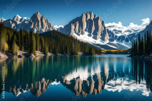 Rocky mountains reflected perfectly in the calm waters of a lake © Muhammad