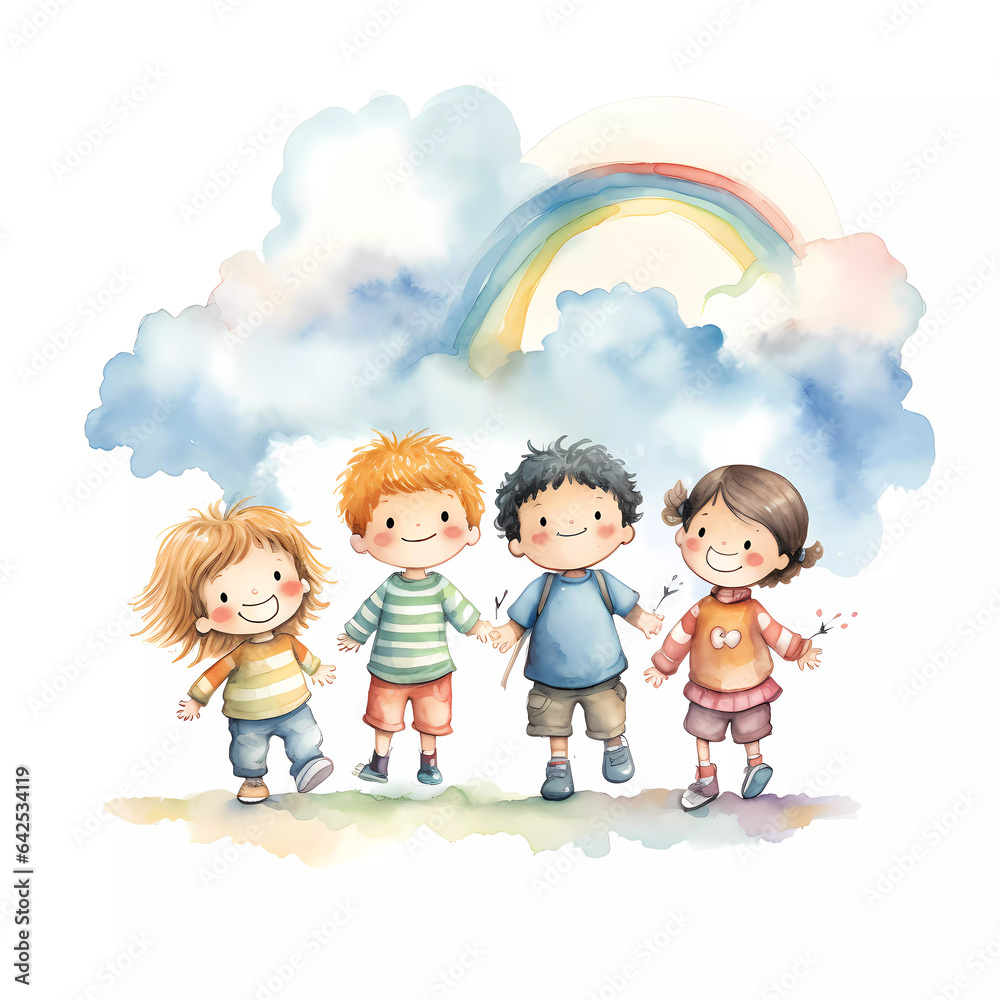 Set of happy kids playing together under the rainbow. Happy children's day. Friendship theme. Watercolour style. Perfect greeting card, birthday card, children books, children wallpaper, and many more