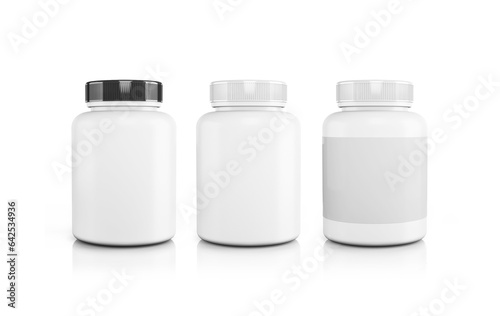 Medicine Bottle mockup set with blank label isolated on white background. Medicine plastic packages for pills, vitamins or capsules, empty jars, containers mock up