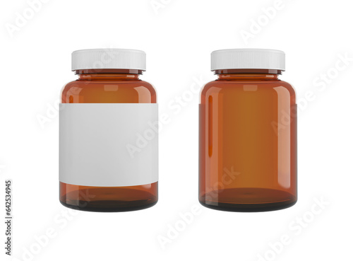 Brown medicine Bottle mockup set with blank label isolated on white background. Medicine amber glass packages for pills, vitamins or capsules, empty jars, containers mock up