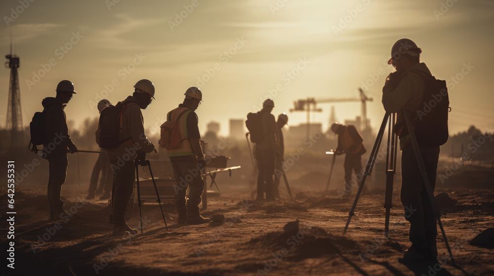 Fototapeta premium Silhouette of Survey Engineer and construction team working at site over blurred industry background with Light fair Film Grain effect.Create from multiple reference images together.