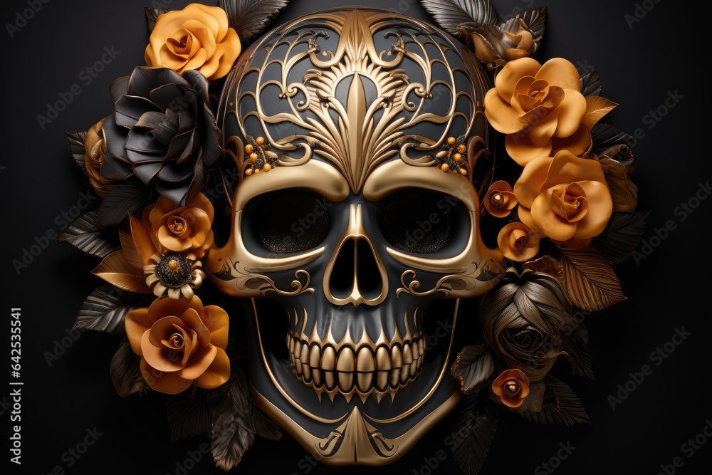 Decorative black and gold skull in a wreath of orange roses and marigolds on a black background