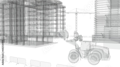 Fototapeta Naklejka Na Ścianę i Meble -  Construction site with a tower crane and construction equipment. Construction of residential buildings. Panoramic view of the construction of skyscrapers. Landscape with a modern city. abstraction, 3d