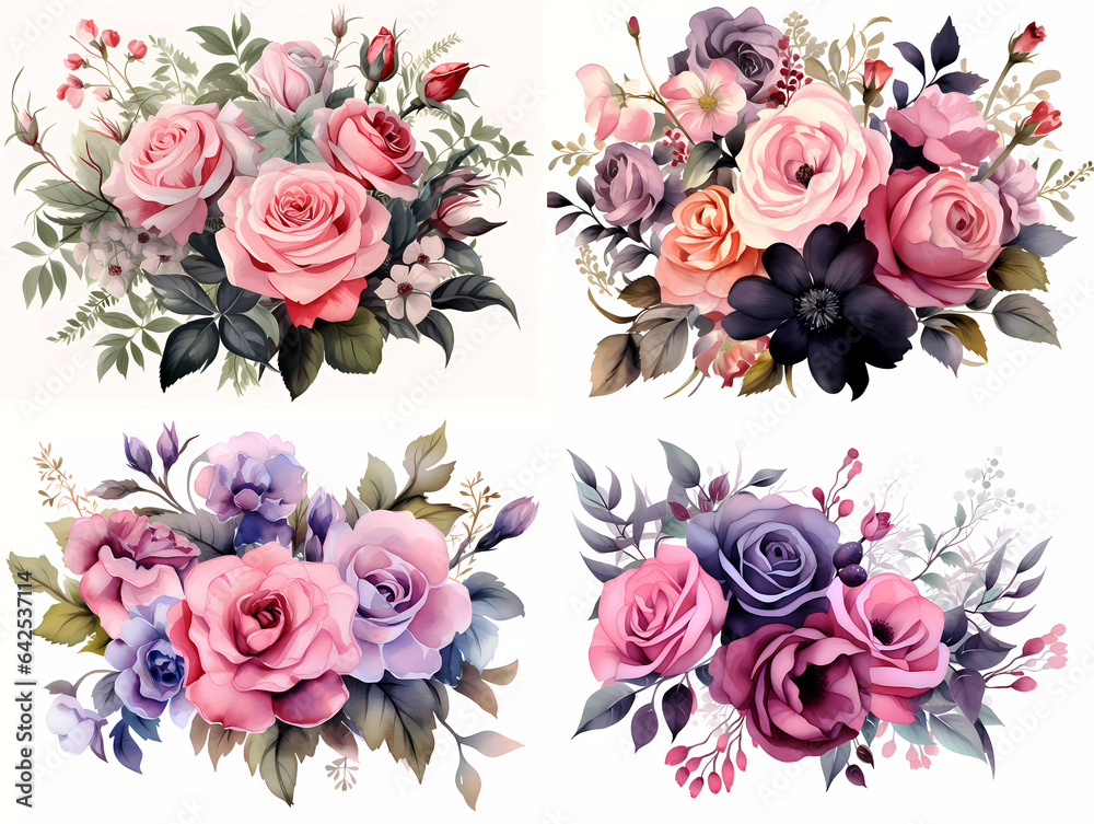 Colorful pink and purple roses bouquet clipart set with a white background. Botanical illustration.realistic drawing of colorful flowers. decoration for postcards, invitations, crafts
