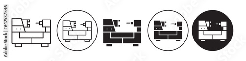 Lathe machine Icon. Mechanical engineering work equipment symbol. Vector set of metal product manufacturing industrial rotating tool. Flat outline of gear machinery production unit of factory work