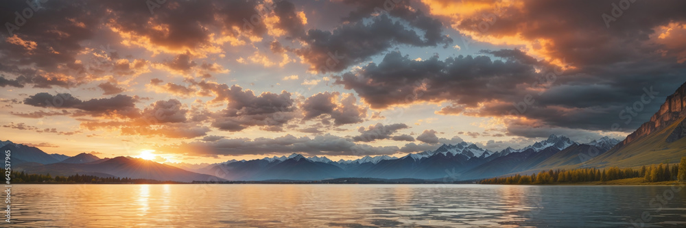 Sunset over lake with mountains in the background