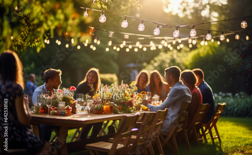 Autumn barbecue party with friends. Happy couple friends enjoying dinner, toasting wine glasses at summer table on house patio with string lights, digital ai
