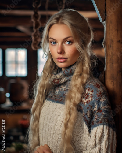 Beautiful Scandinavian woman inside a cabin. © Azura Yeray 