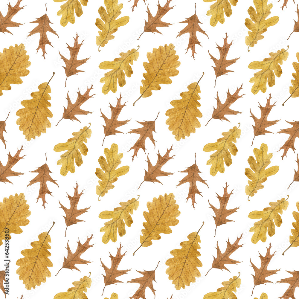 Watercolour autumn oak leaves season illustration seamless pattern. On white background. Hand-painted. Floral elements.