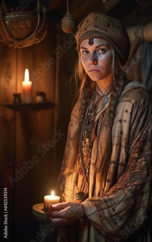 Young Nordic shaman woman, inside a rustic cabin.