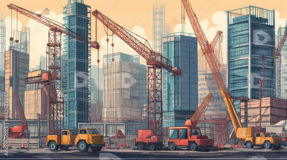 Edgy Construction Graphics Urban building construction. Stages of big construction skyscraper in ...
