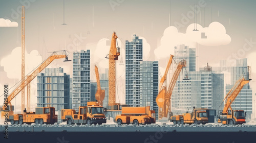 Urban building construction. Stages of big construction skyscraper in city various professional vehicles for builders garish vector background with flat ortogonal.